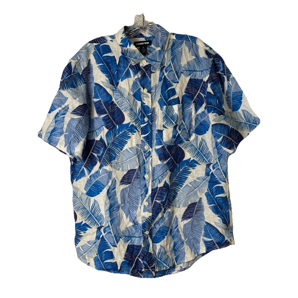 Lands End Men Blue Floral Button Up Shirt 100% Linen Beach Hawaiian Tropical M